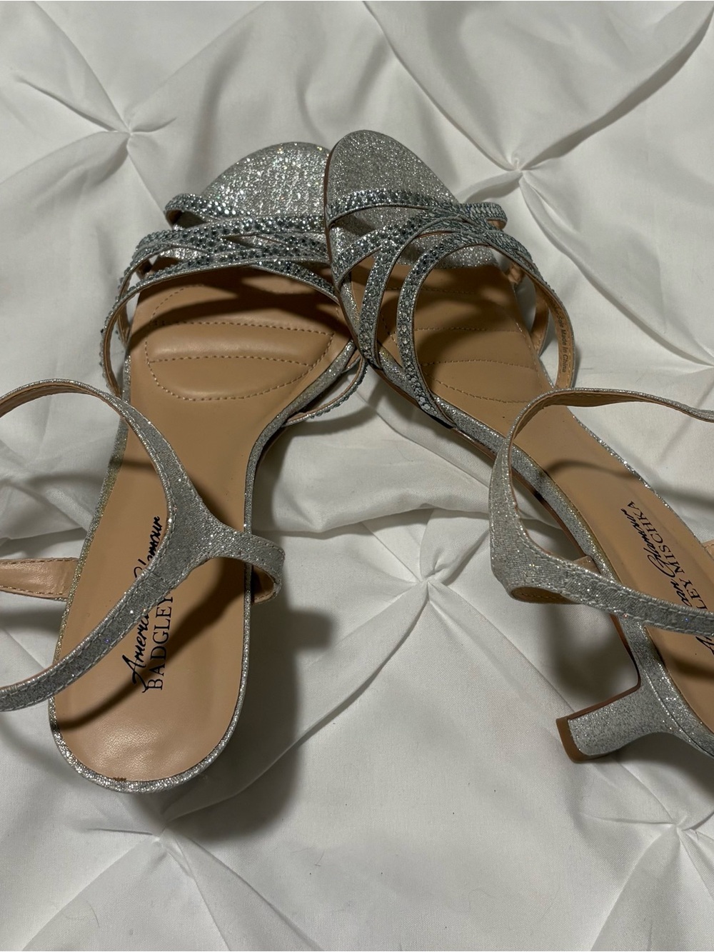 Badgley Mischka Silver Rhinestone Strappy Ankle Strap Sandals, Women’s 8.5